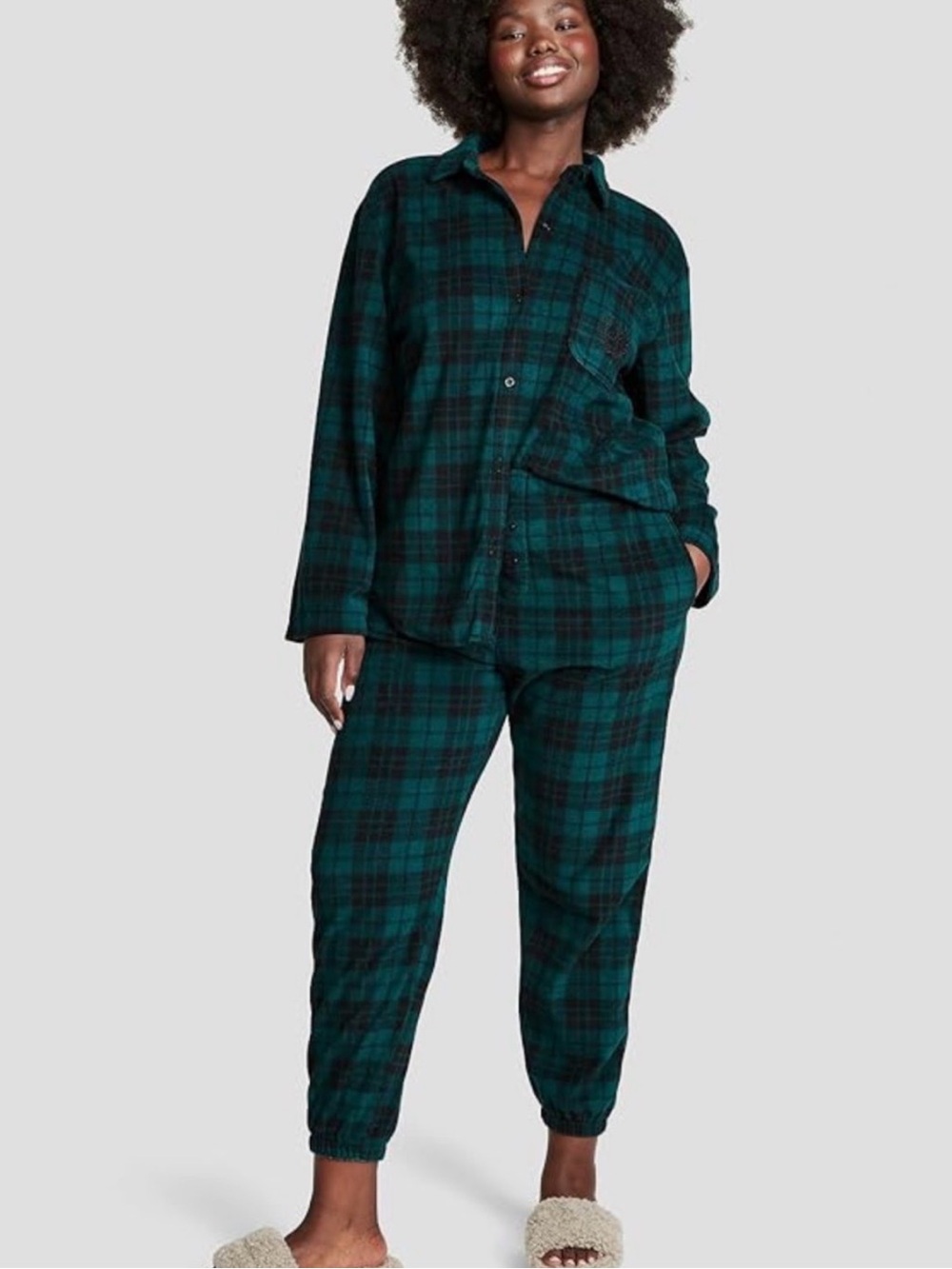 PINK Victoria's Secret Dark Green & Black Plaid Flannel Pajama Set